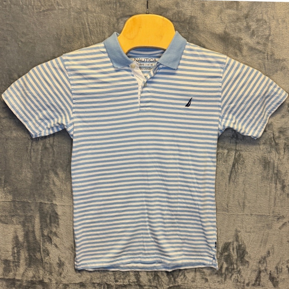 2156 | Nautica Striped Short Sleeve Cotton Polo Shirt Blue White Youth L 14/16